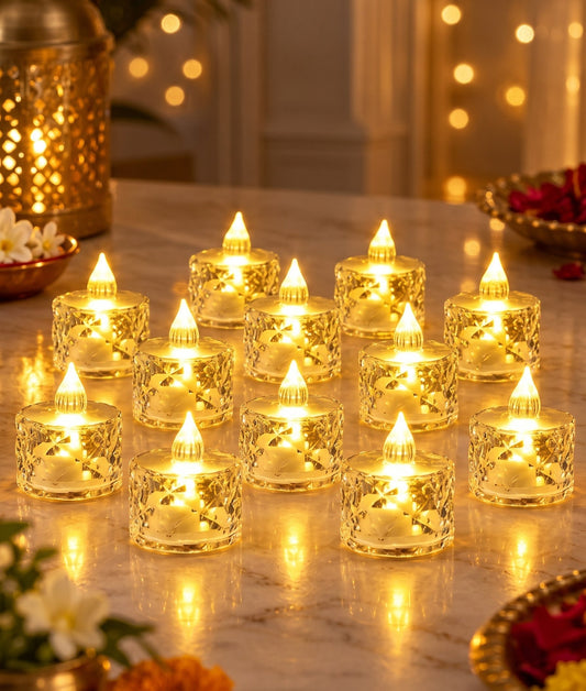 Crystal Diamond-Cut LED Tealight Candles – Pack of 12 | Diwali Decoration Lights