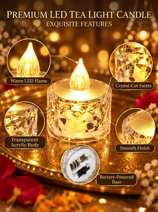 Crystal Diamond-Cut LED Tealight Candles – Pack of 12 | Diwali Decoration Lights