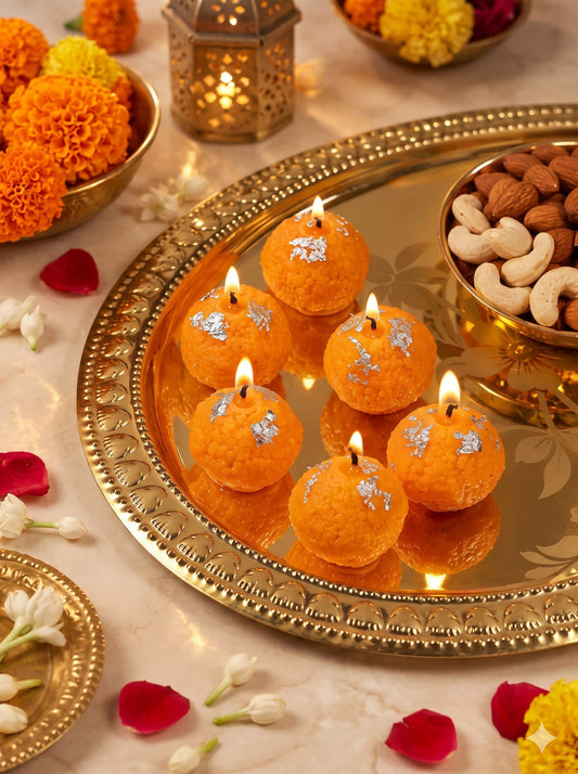 Motichoor Ladoo Candles – Pack of 6 | Diwali Decorative Candles for Home & Pooja