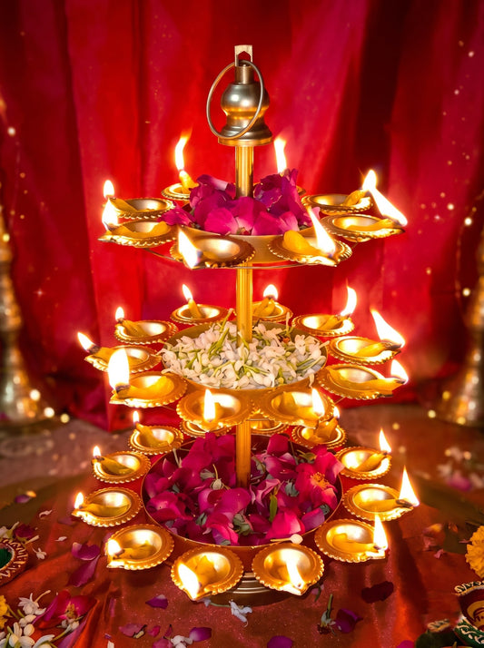 3-Tier Rotating Brass Finish Diya Stand – 48 Deepak Aarti Diya Holder | Diwali Pooja Decoration