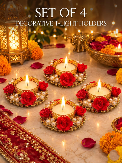 Set of 4 Decorative Tealight Candle Holders – Gold Floral Design for Diwali & Festive Home Decor