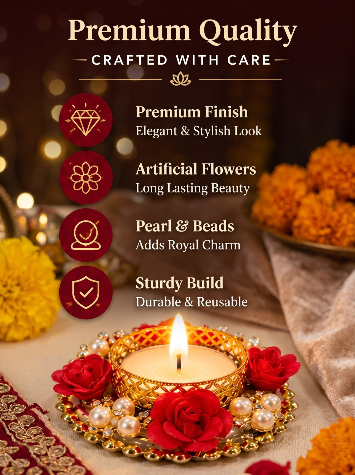 Set of 4 Decorative Tealight Candle Holders – Gold Floral Design for Diwali & Festive Home Decor