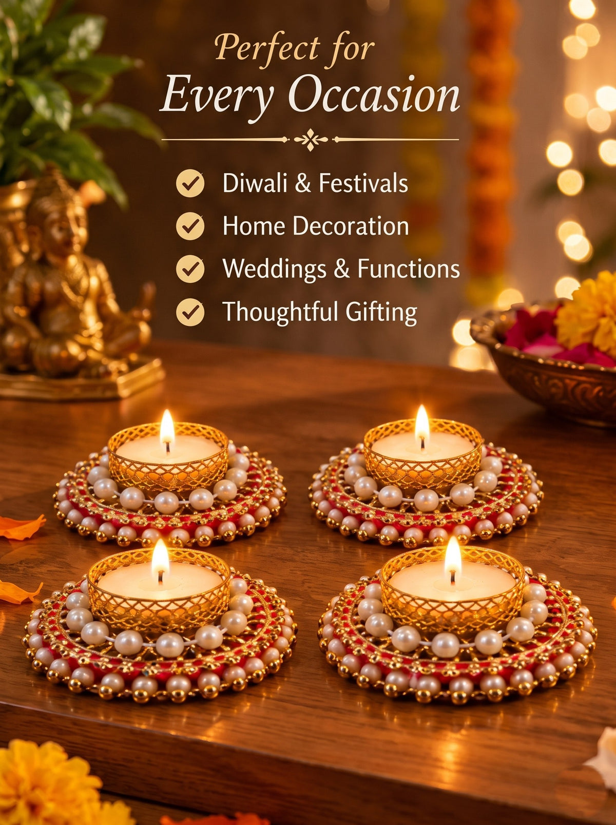 Decorative Tealight Candle Holder Set of 4 – Festive Diwali Home Decor