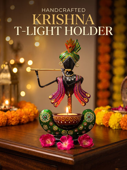 Krishna Flute Metal Tealight Candle Holder – 10 Inch | Decorative Diya for Diwali & Pooja