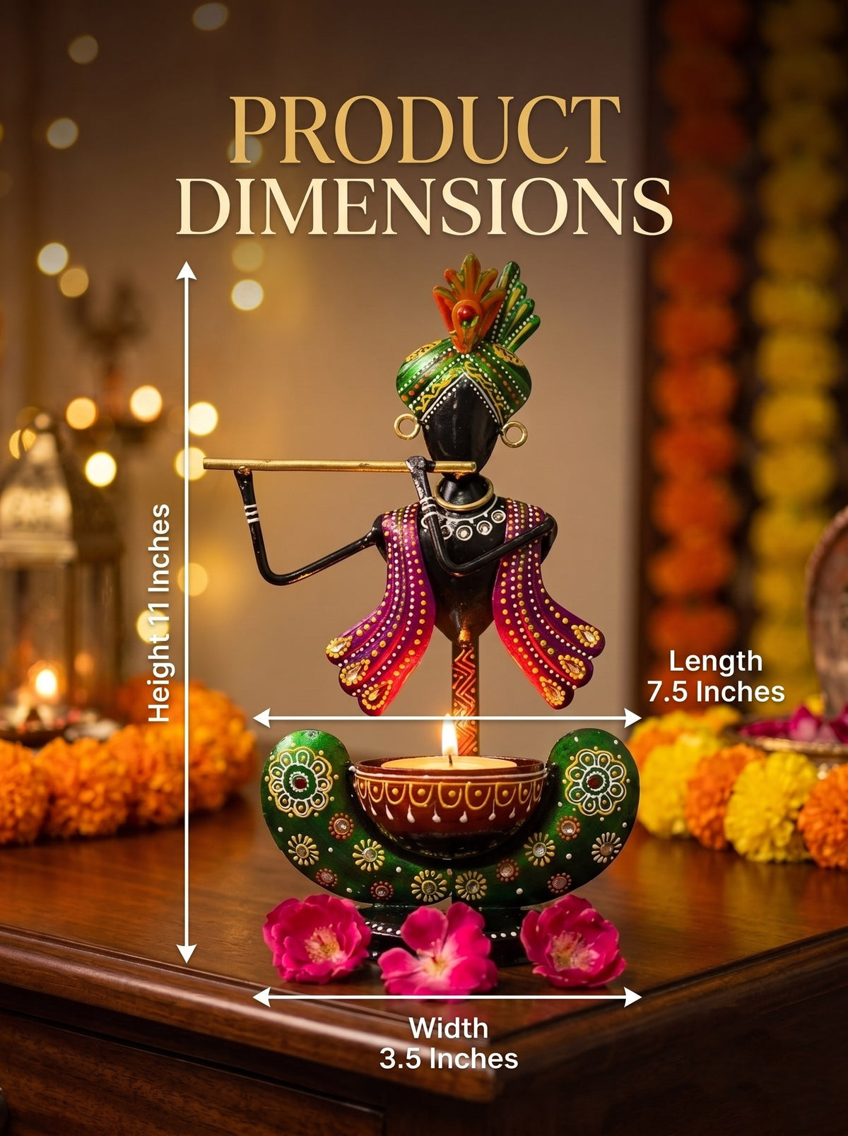 Krishna Flute Metal Tealight Candle Holder – 10 Inch | Decorative Diya for Diwali & Pooja