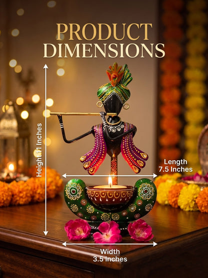 Krishna Flute Metal Tealight Candle Holder – 10 Inch | Decorative Diya for Diwali & Pooja