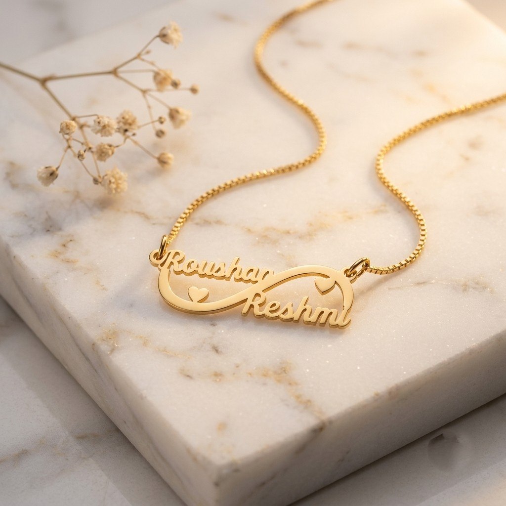Personalised Couple Infinity Name Necklace with Heart Gold Plated- 24 K